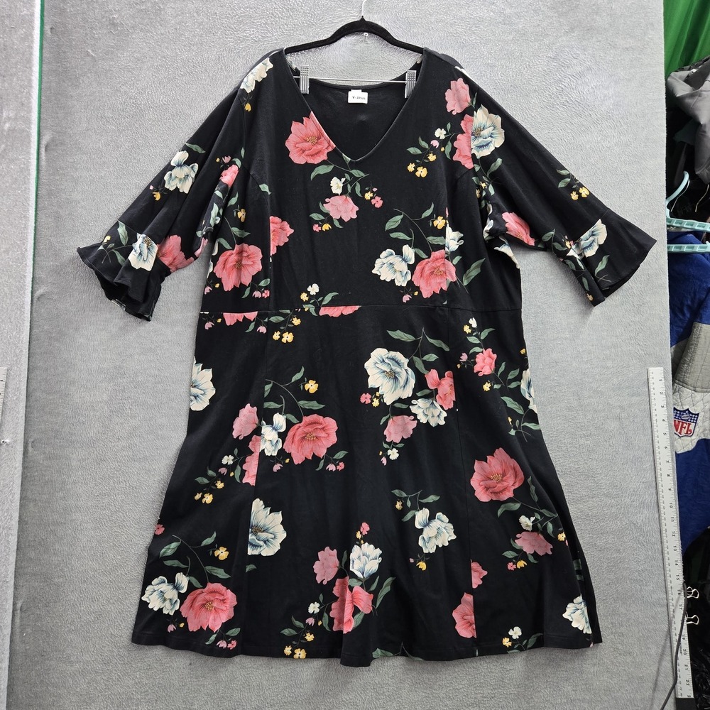 Old Navy Women Dress 4X PLUS Black Floral Fit‎ & Flare 3/4 Sleeve